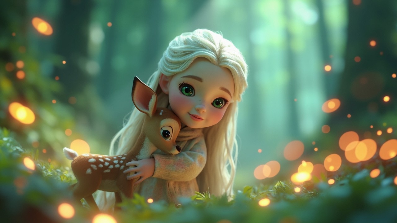 Little Girl and Fawn in Enchanted Pixar-Style Forest