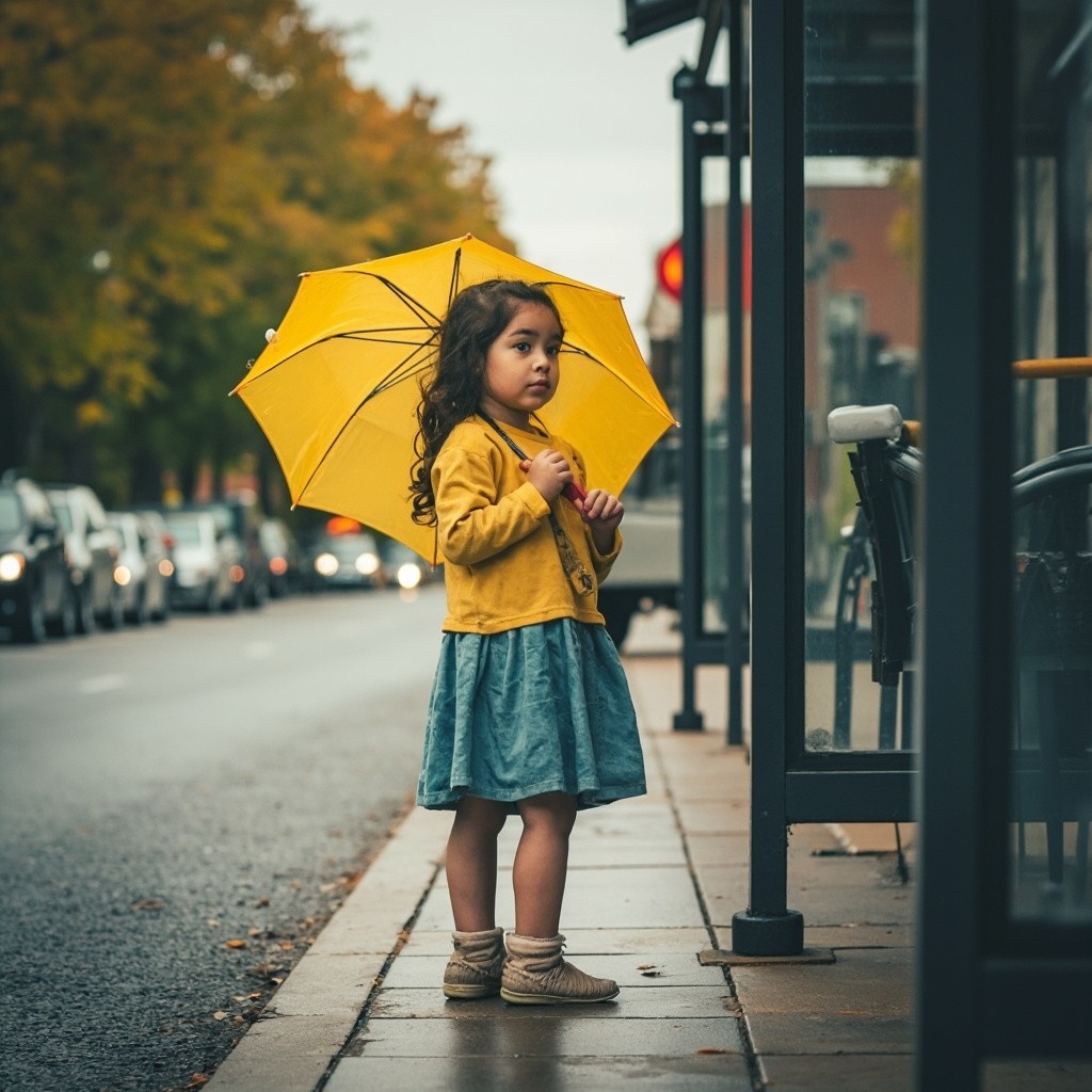 Little Girl with Yellow Umbrella at Bus Stop