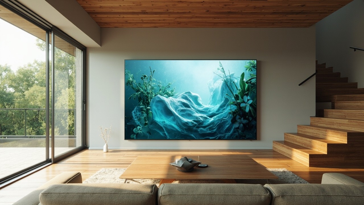 Living Room with Abstract TV Art and Nature View
