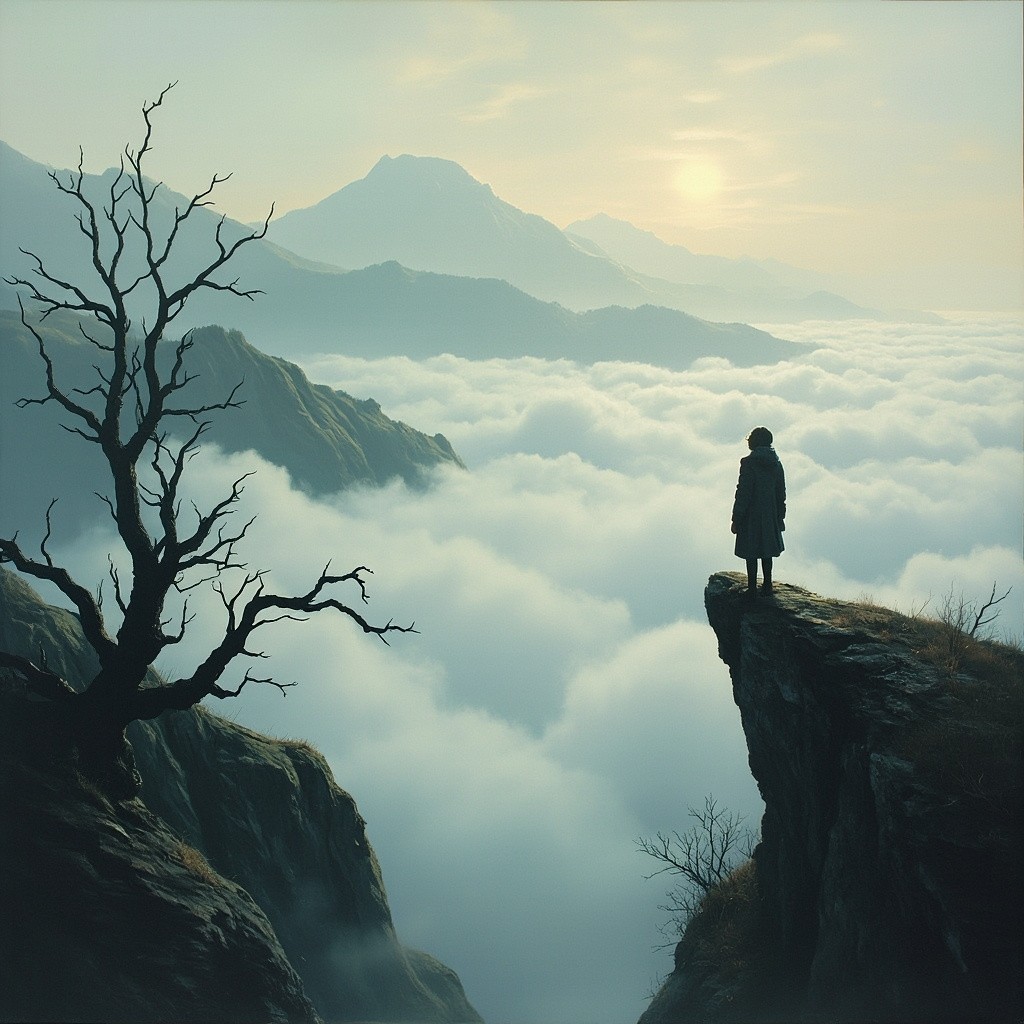 Lonely Figure Overlooking Misty Peaks and Cloudy Sea