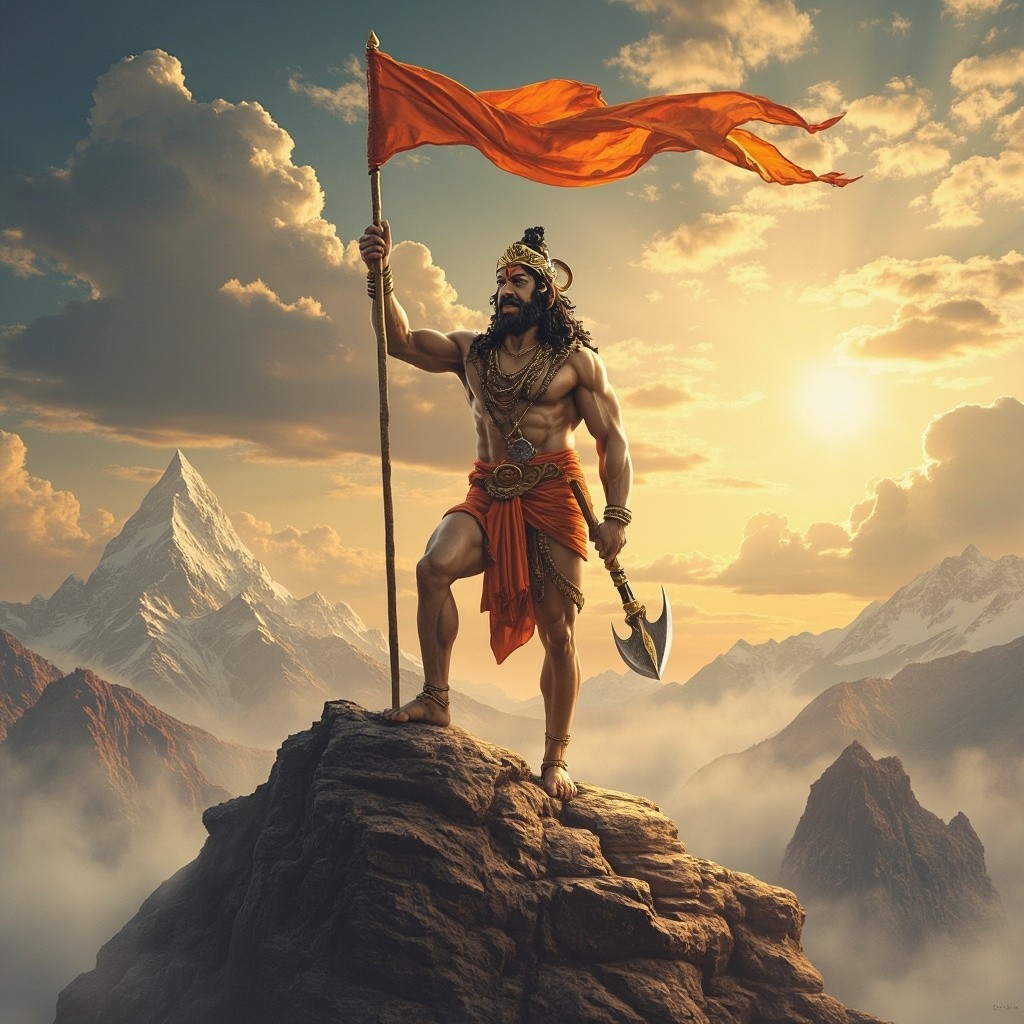 Lord Hanuman Holding Gadha and Orange Flag on Mountain