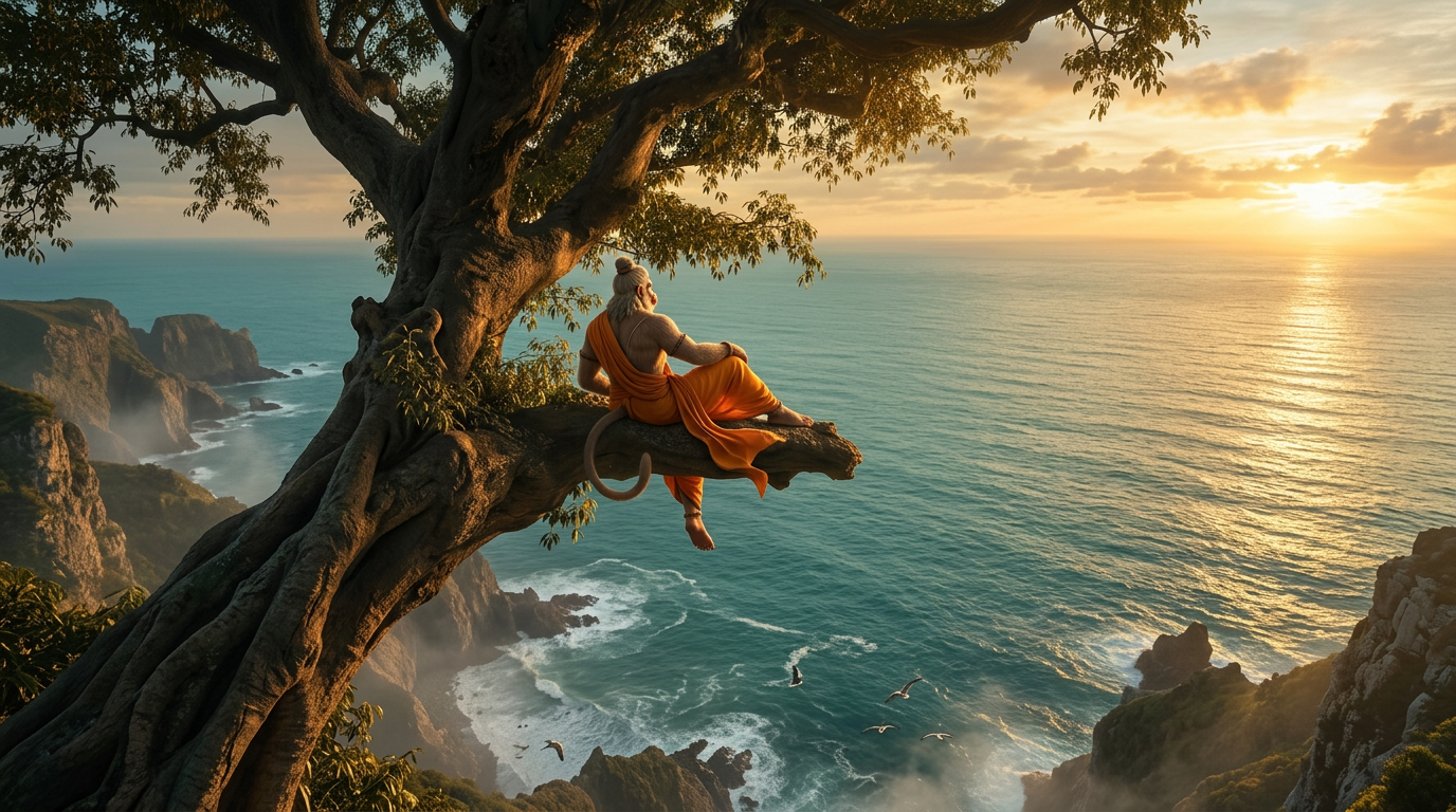 Ultra-Realistic Cinematic Fantasy Art Lord Hanuman Resting on Majestic Tree Branch Ultra-Realistic Cinematic Fantasy Art Lord Hanuman Resting on Majestic Tree Branch