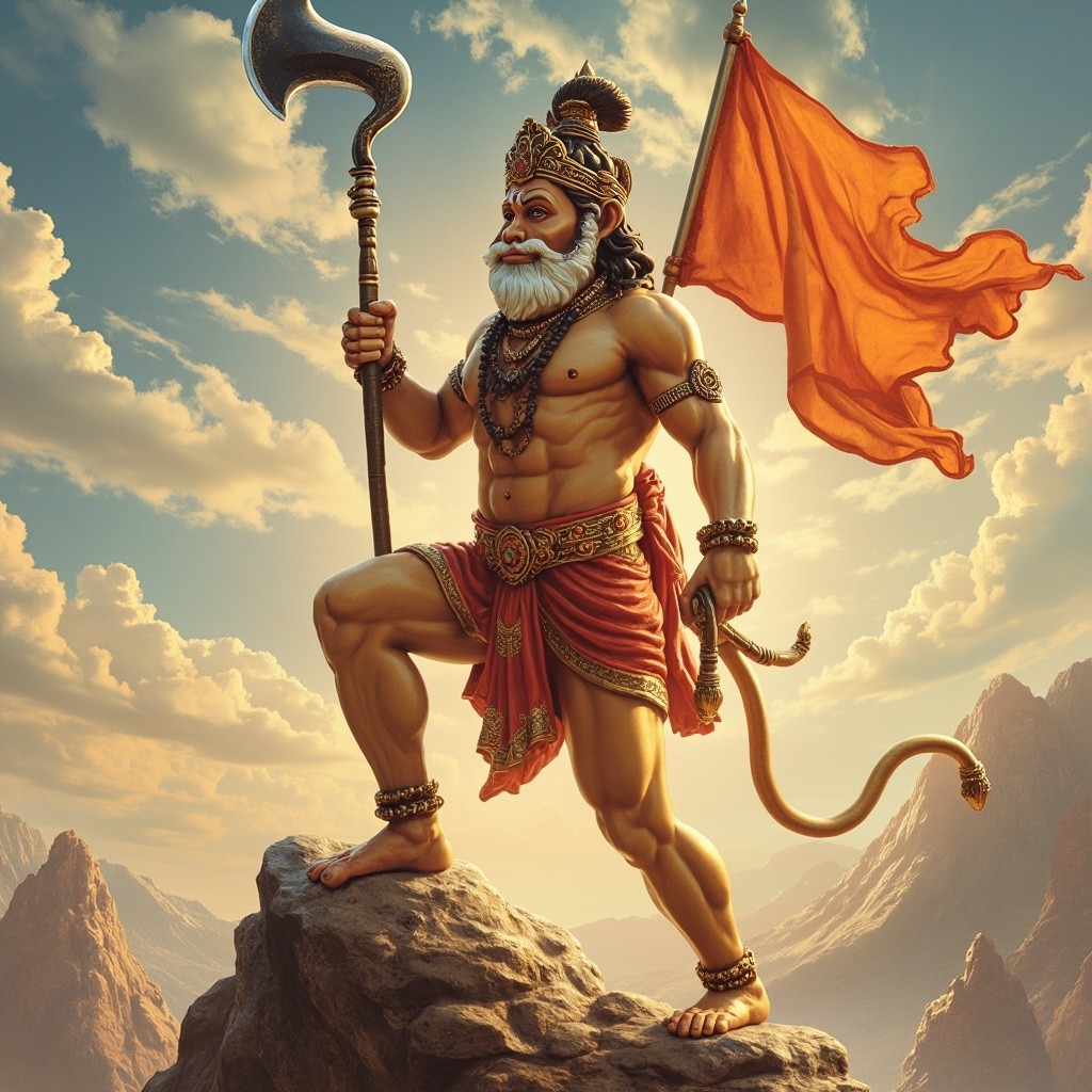 Lord Hanuman Scaling Mountain with Gadha and Flag
