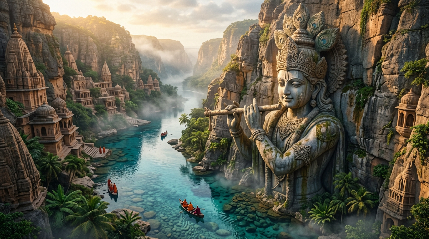 Cinematic Lord Krishna Statue on Mountainside with Peacock Feather Crown Cinematic Lord Krishna Statue on Mountainside with Peacock Feather Crown