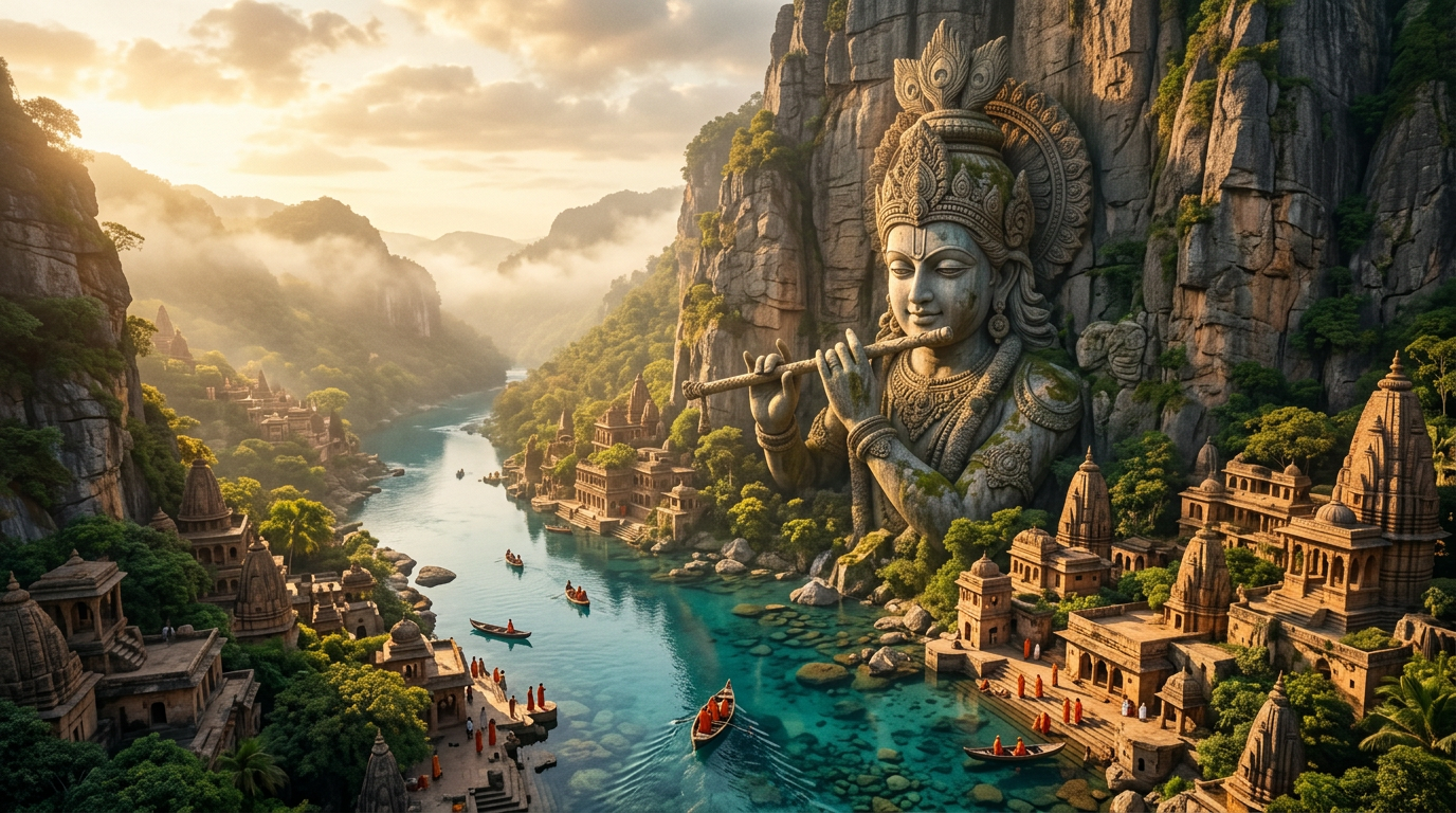 Cinematic Lord Krishna Statue on Mountainside with Peacock Feather Crown Cinematic Lord Krishna Statue on Mountainside with Peacock Feather Crown