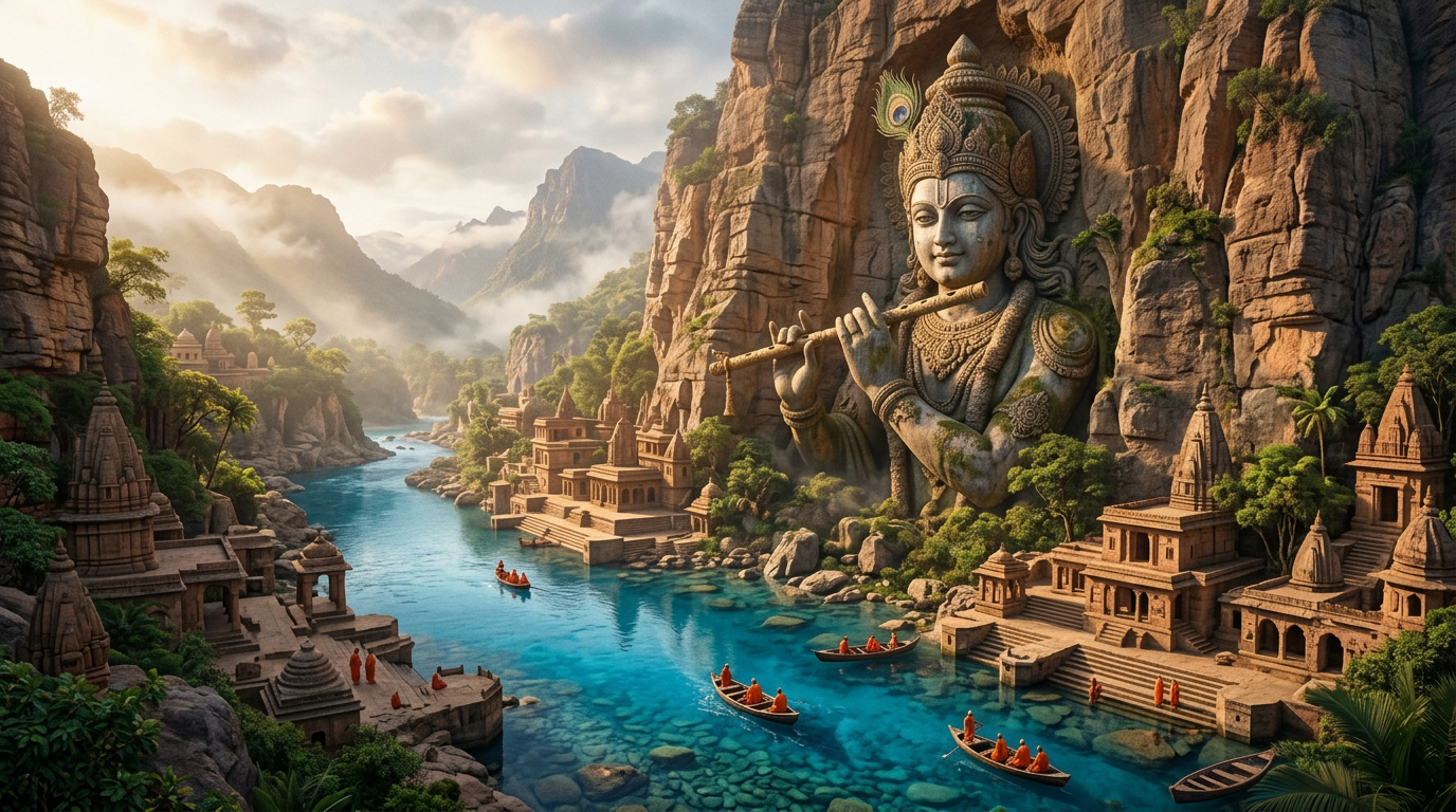 Cinematic Lord Krishna Statue on Mountainside with Peacock Feather Crown Cinematic Lord Krishna Statue on Mountainside with Peacock Feather Crown