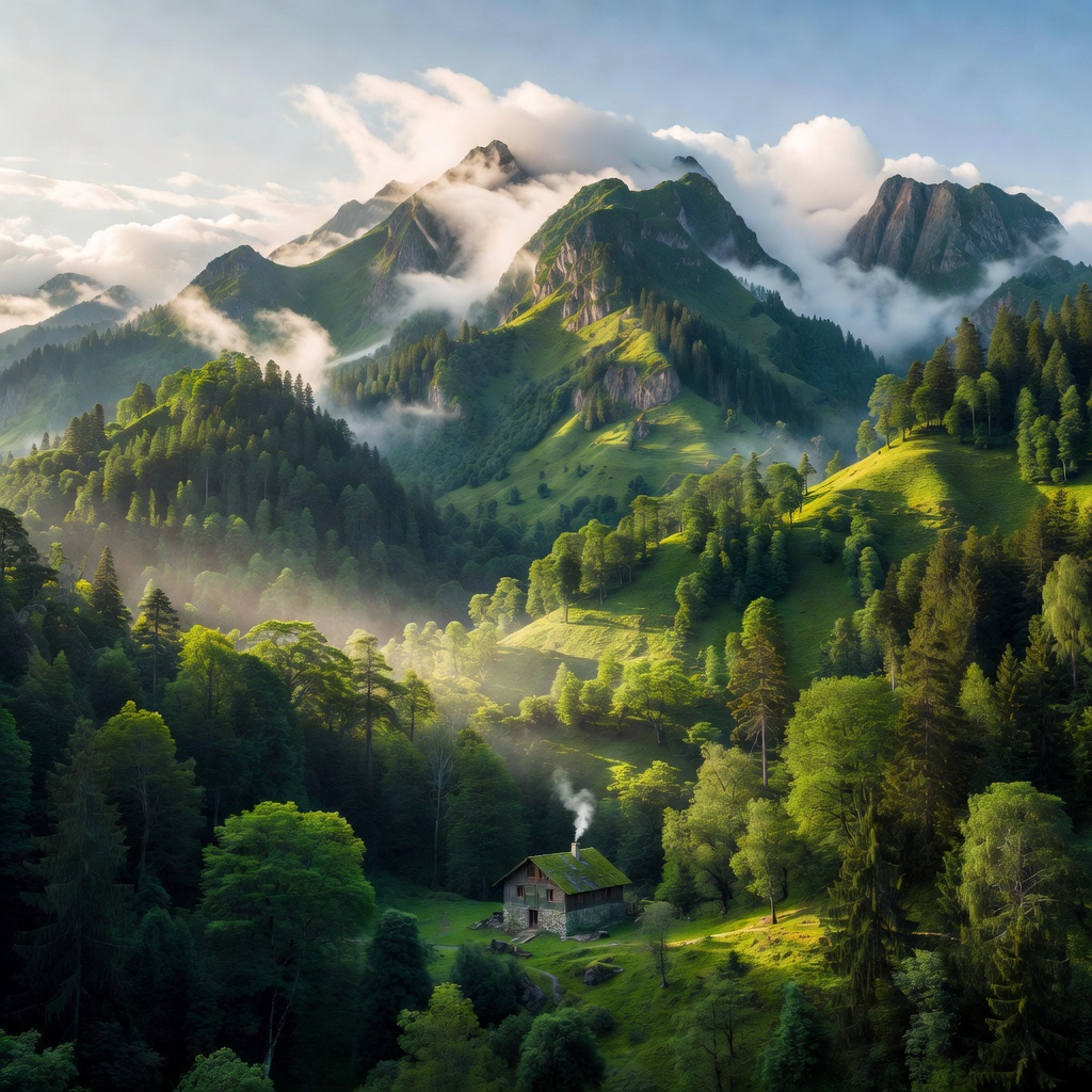 简约新中式山水远景with 清晨暖金色薄雾| Splitshire