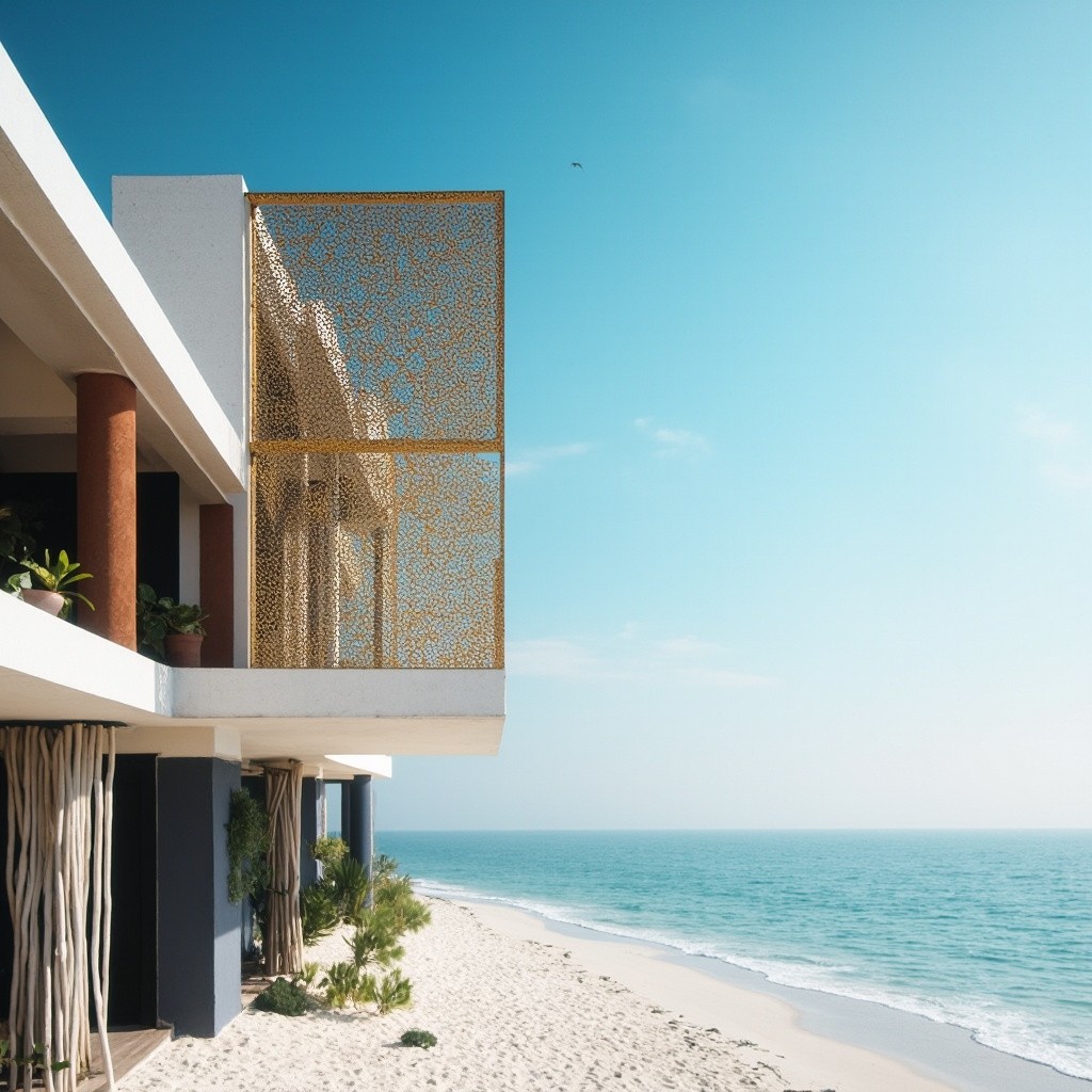 Luxurious Beachside Architectural House under Blue Sky
