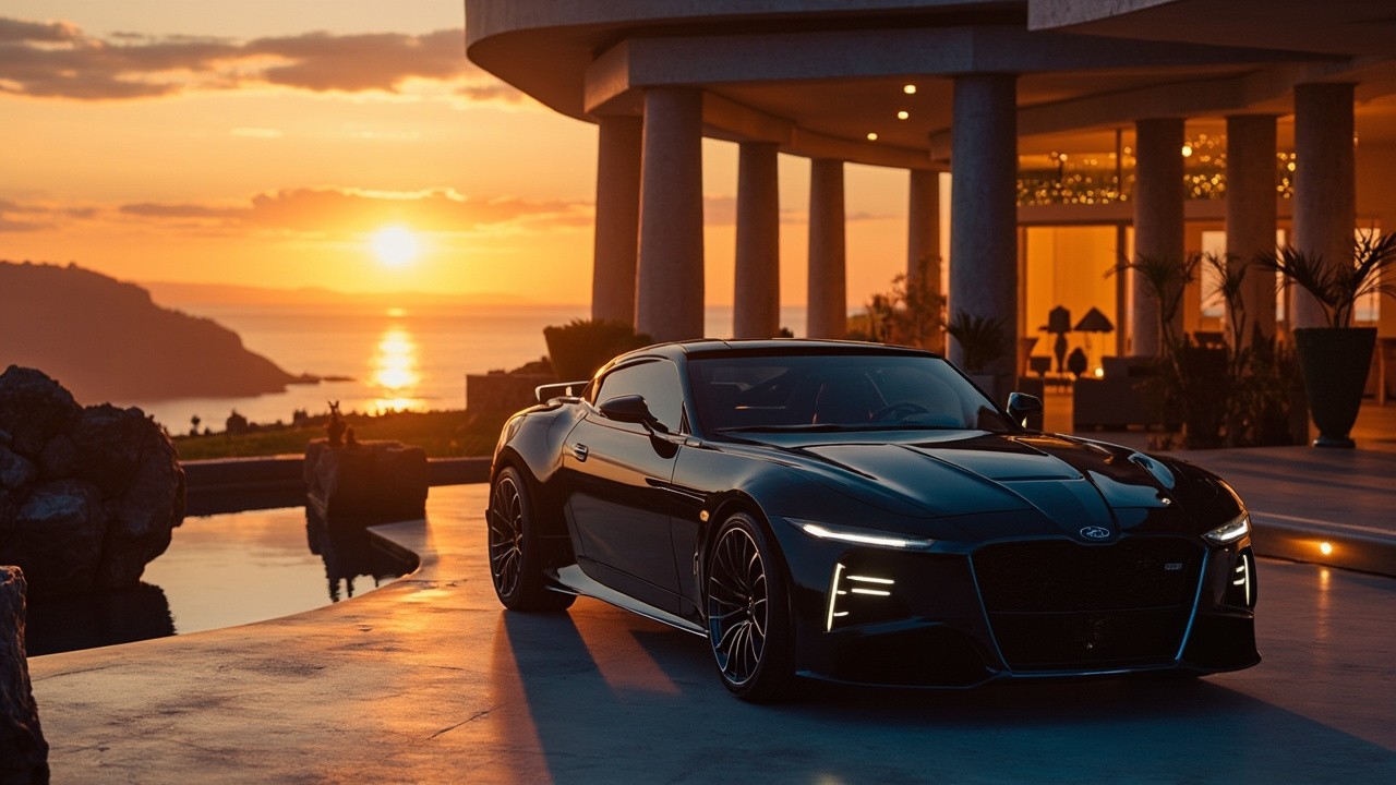 Luxury Cars in a Lavish House at Sunset