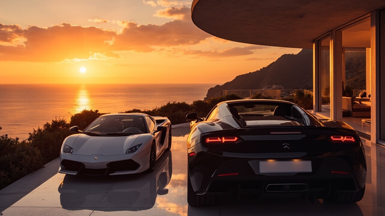 Luxury Cars in a Luxurious House at Sunset