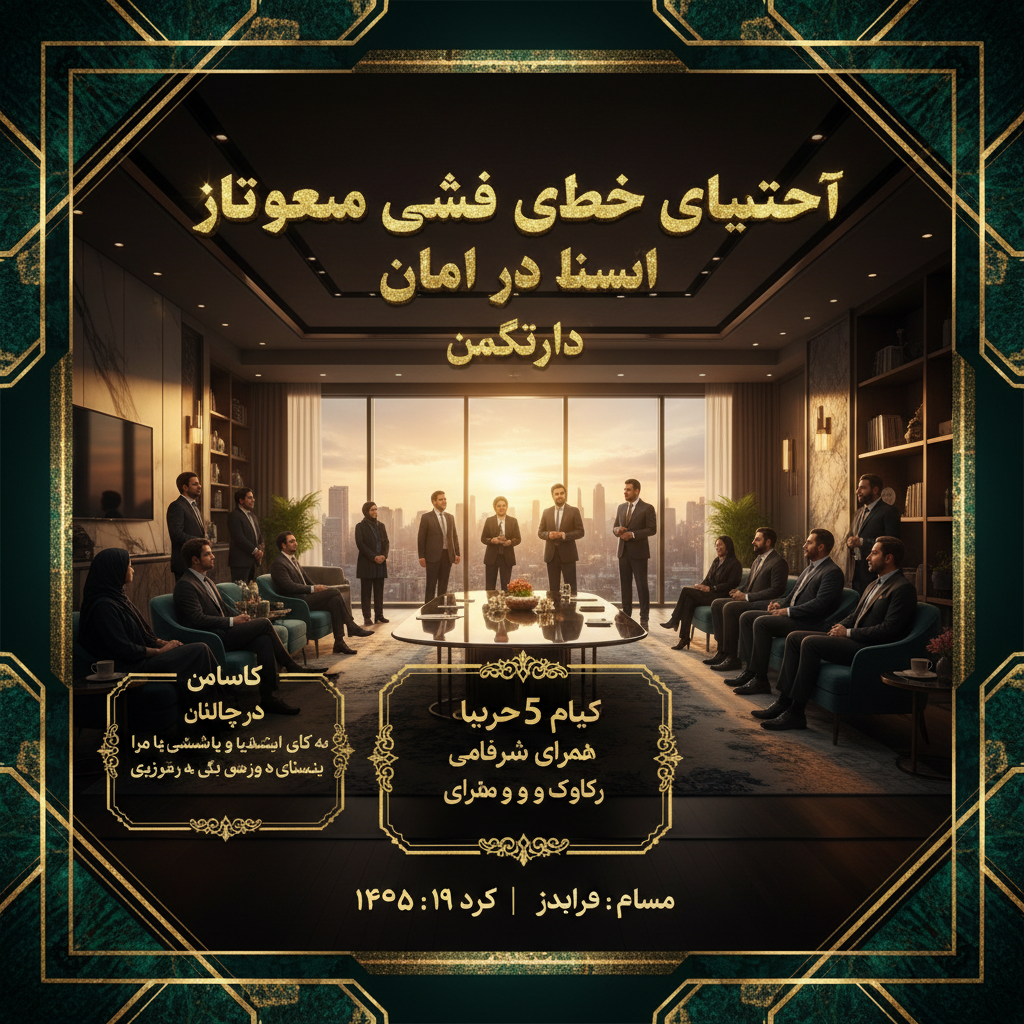Cinematic Iranian luxury business event poster design in black and gold. Cinematic Iranian luxury business event poster design in black and gold.