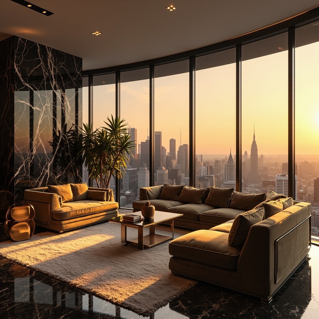 Luxury Living Room with Golden Decor at Sunset