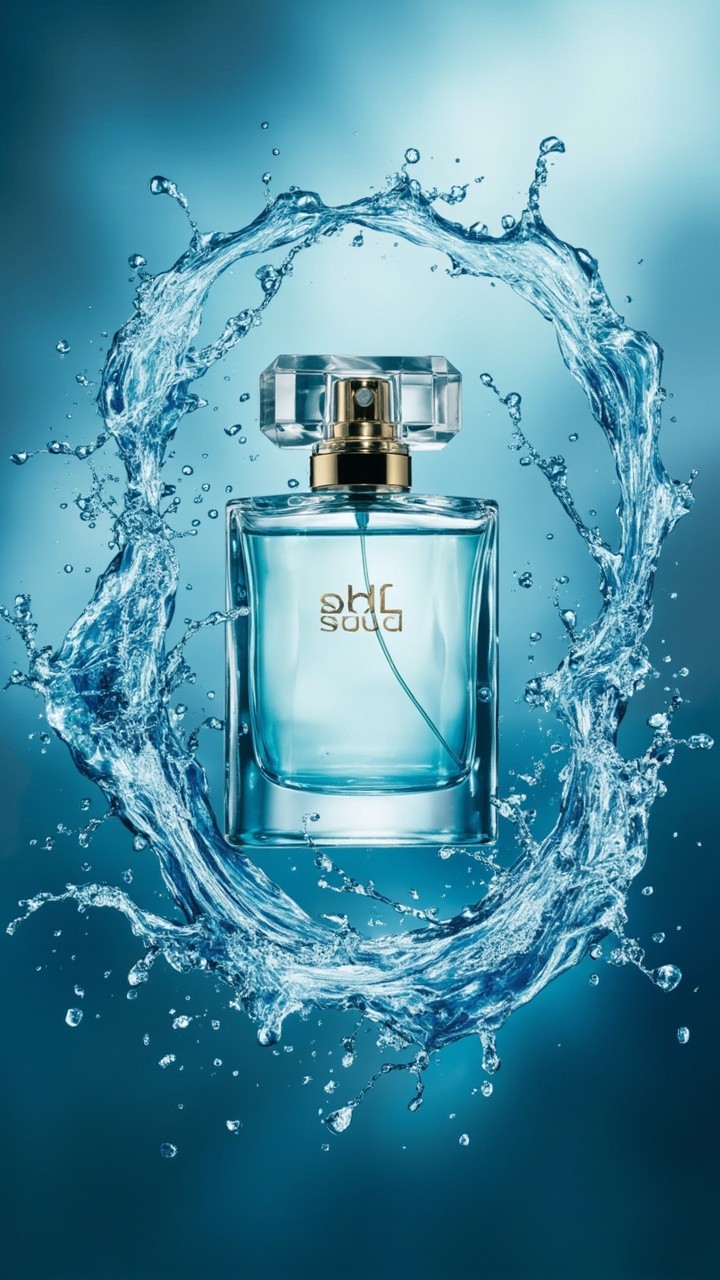 Luxury Perfume Ad with Water Waves Surrounding