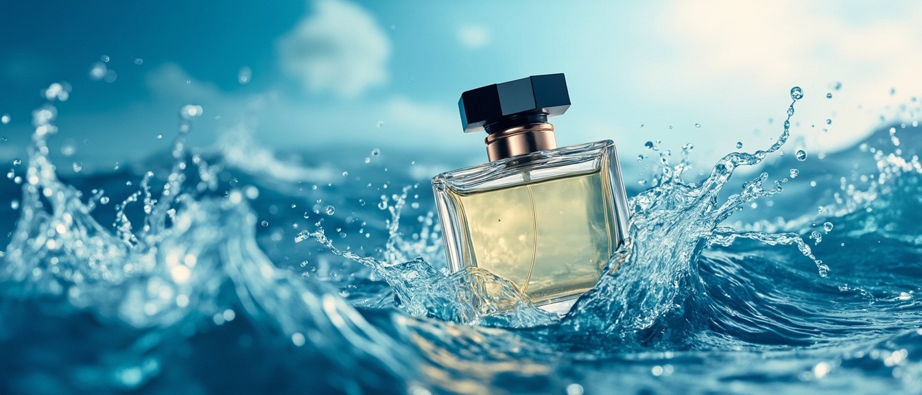 Luxury Perfume Ad with Water Waves Surrounding