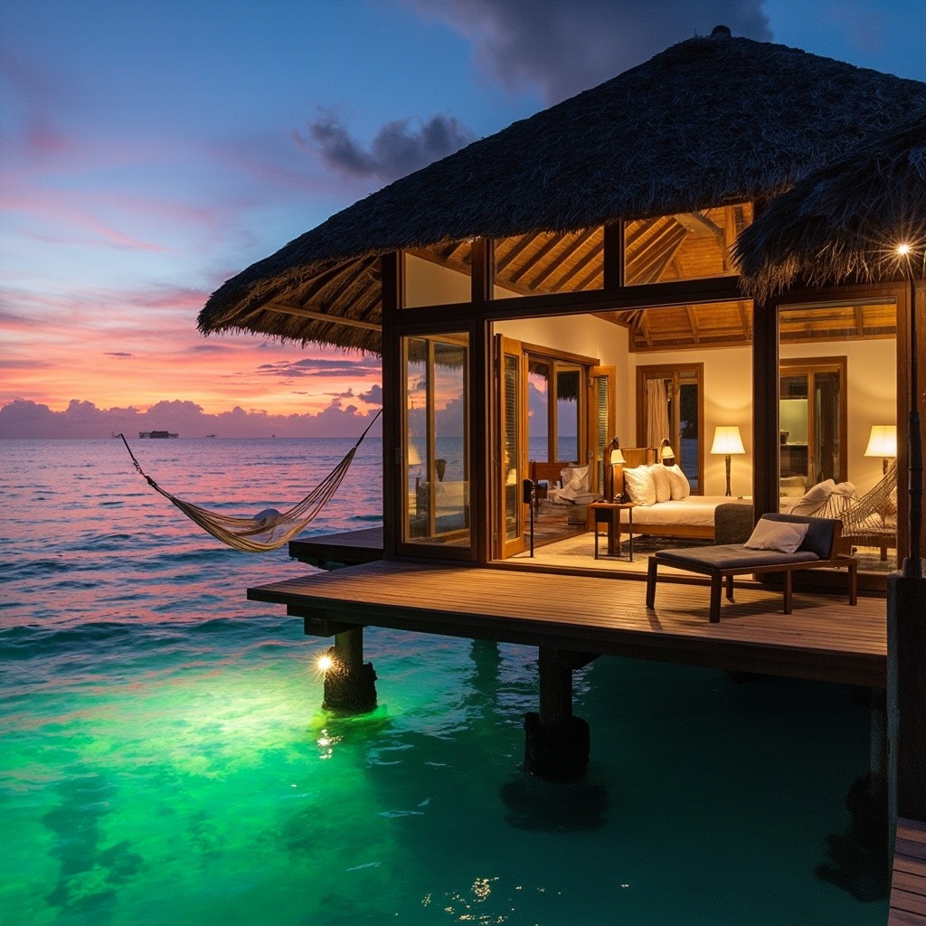 Luxury Villa Over Turquoise Water at Sunset