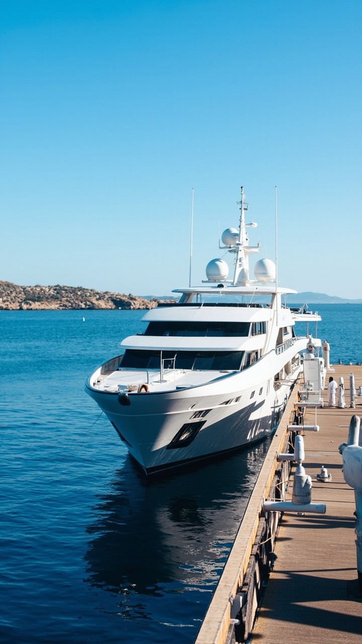 Luxury Yacht Parked on a Wooden Deck, Blue Sea.