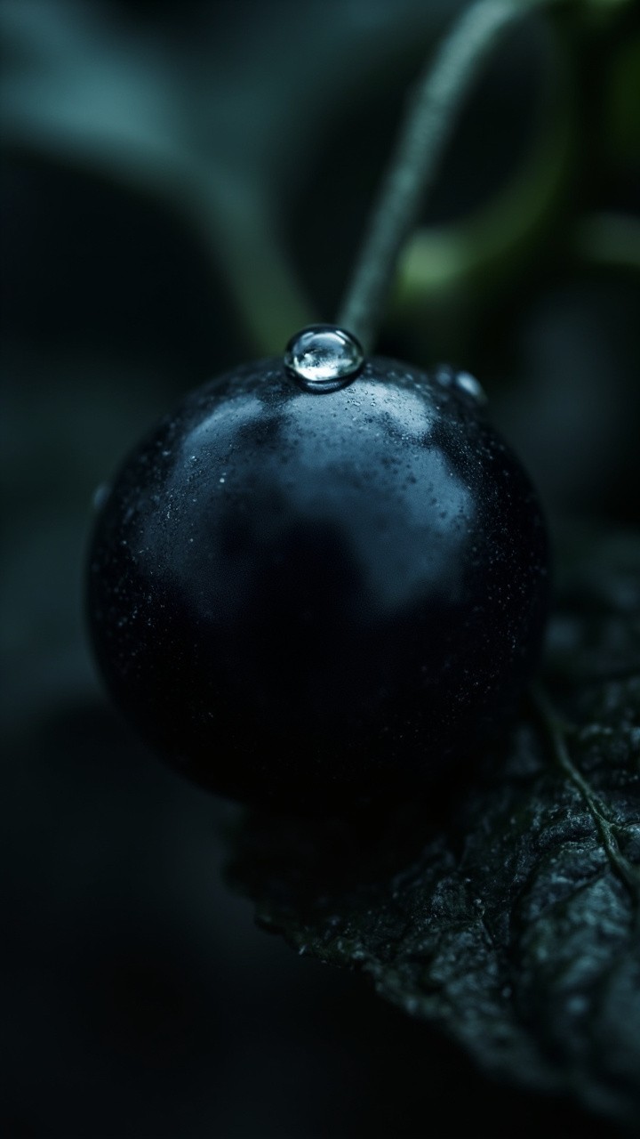 Macro Shot of Shining Belladonna Berry in Darkness