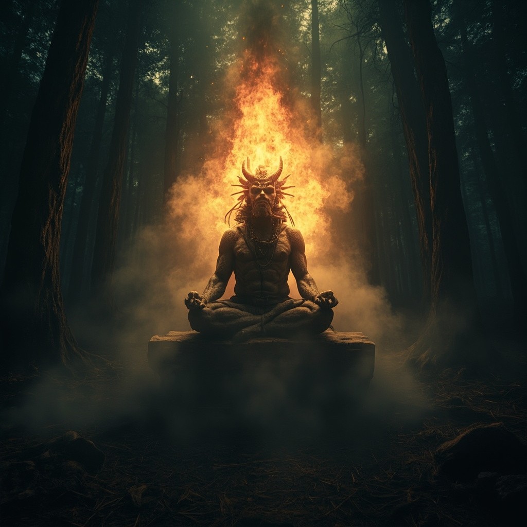 Mahishasura Meditating Intensely in Mysterious Ancient Forest