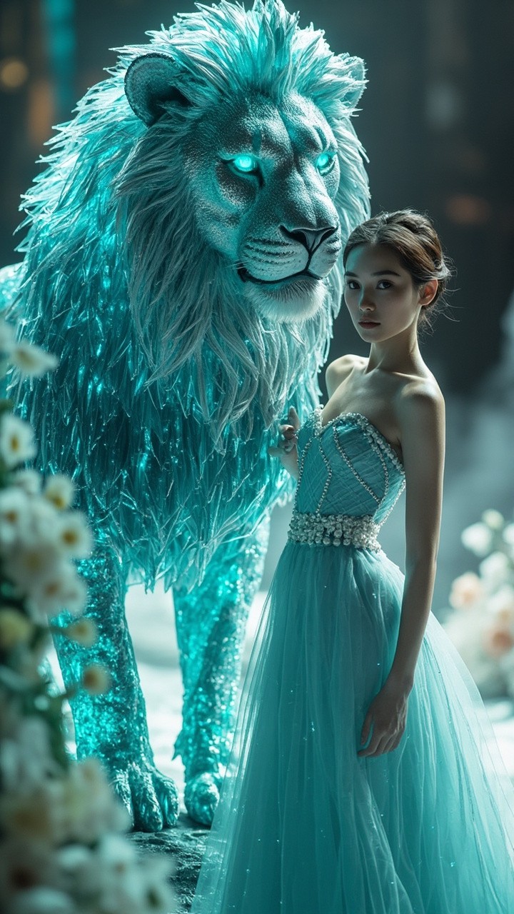 Majestic Crystal Lion Guarding Model in Chanel Dress