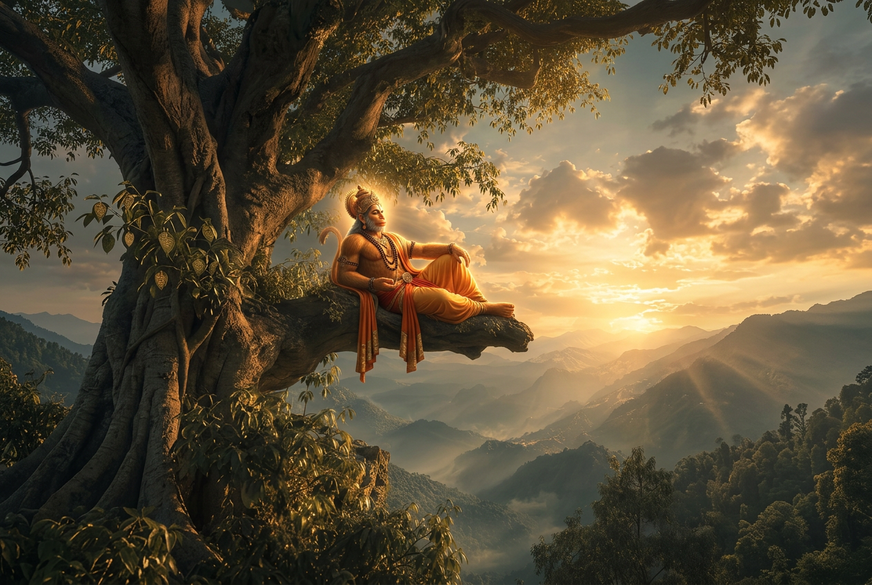 Cinematic Mythological Artwork with Lord Hanuman on Ancient Himalayan Tree Cinematic Mythological Artwork with Lord Hanuman on Ancient Himalayan Tree