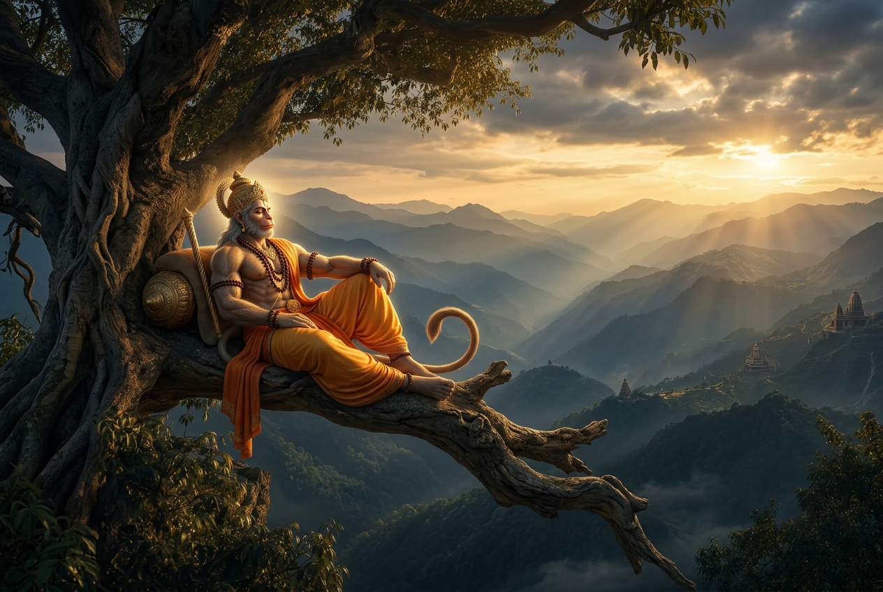 Cinematic Mythological Artwork with Lord Hanuman on Ancient Himalayan Tree Cinematic Mythological Artwork with Lord Hanuman on Ancient Himalayan Tree