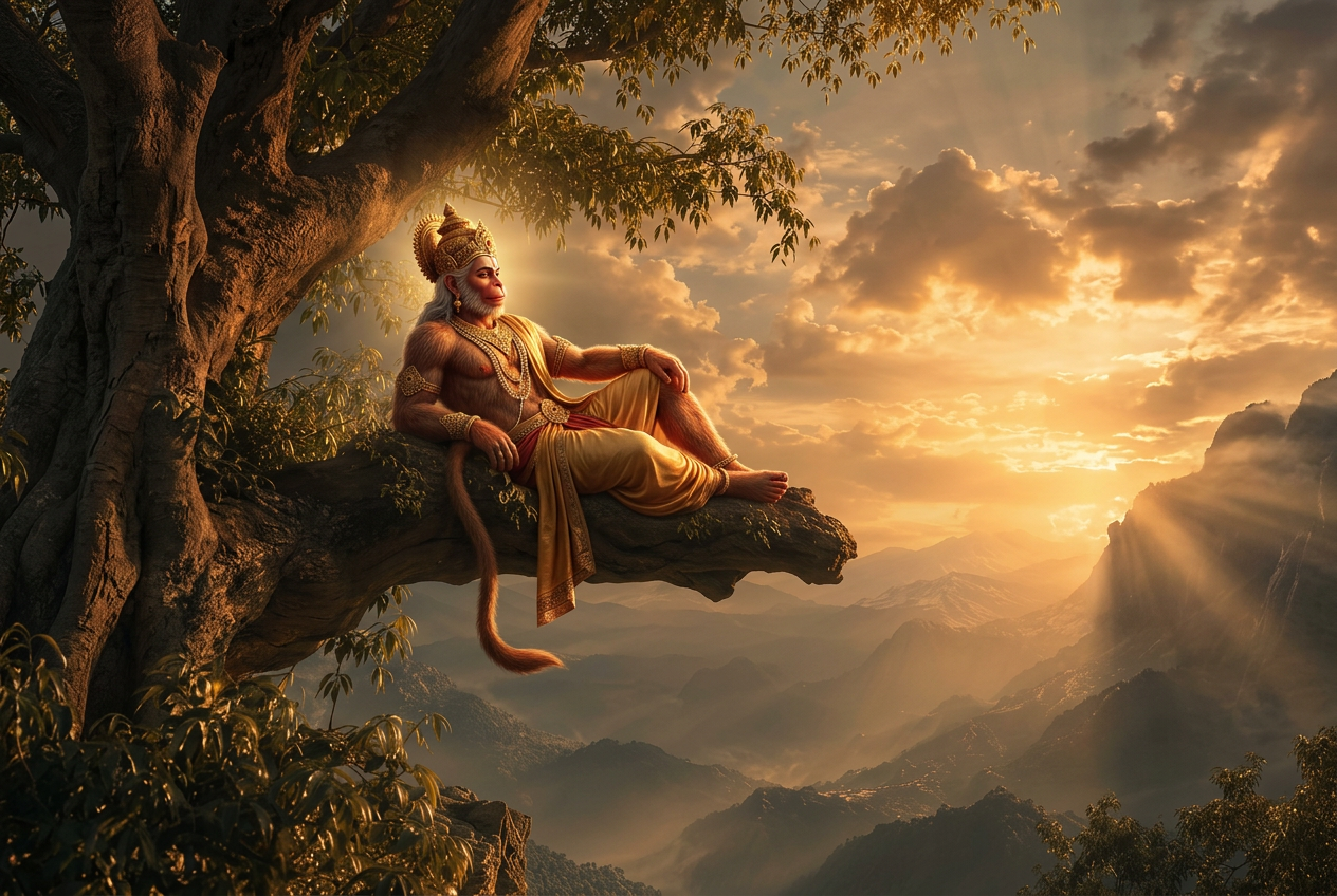 Cinematic Mythological Artwork with Lord Hanuman on Ancient Himalayan Tree Cinematic Mythological Artwork with Lord Hanuman on Ancient Himalayan Tree