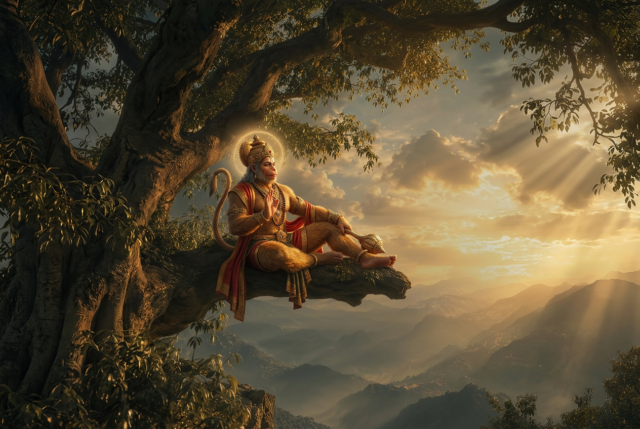 Cinematic Mythological Artwork with Lord Hanuman on Ancient Himalayan Tree Cinematic Mythological Artwork with Lord Hanuman on Ancient Himalayan Tree