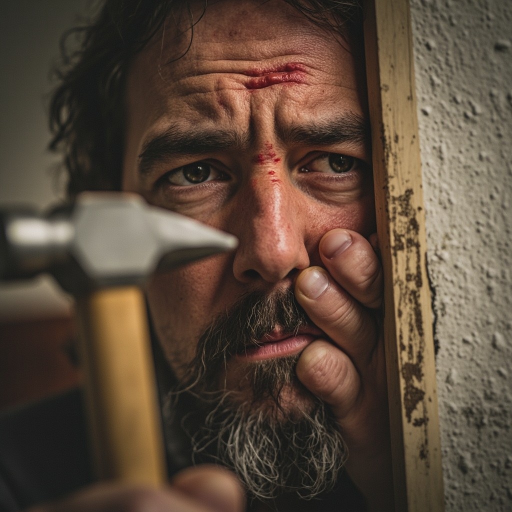 Man Accidentally Hits Thumb While Hammering Nail