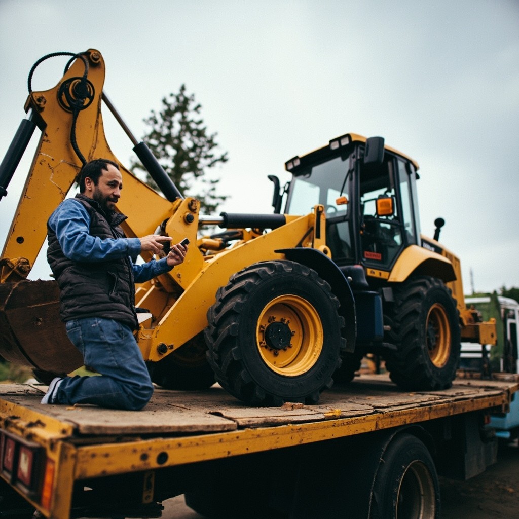 Man Checking Phone Beside Backhoe Digger on Lorry