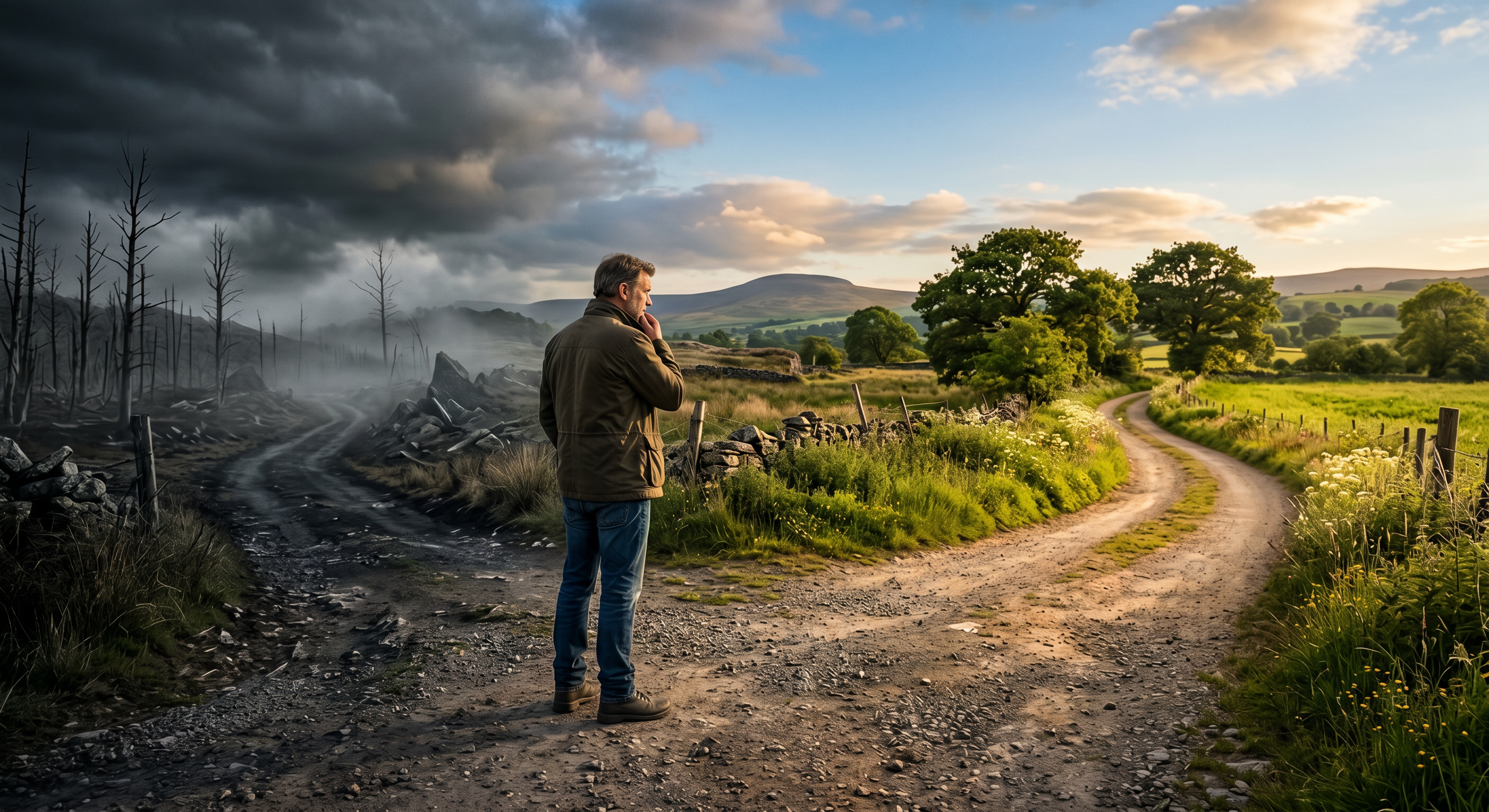 Cinematic Scene: Thoughtful Man at Crossroads choosing Hope or Regret Cinematic Scene: Thoughtful Man at Crossroads choosing Hope or Regret