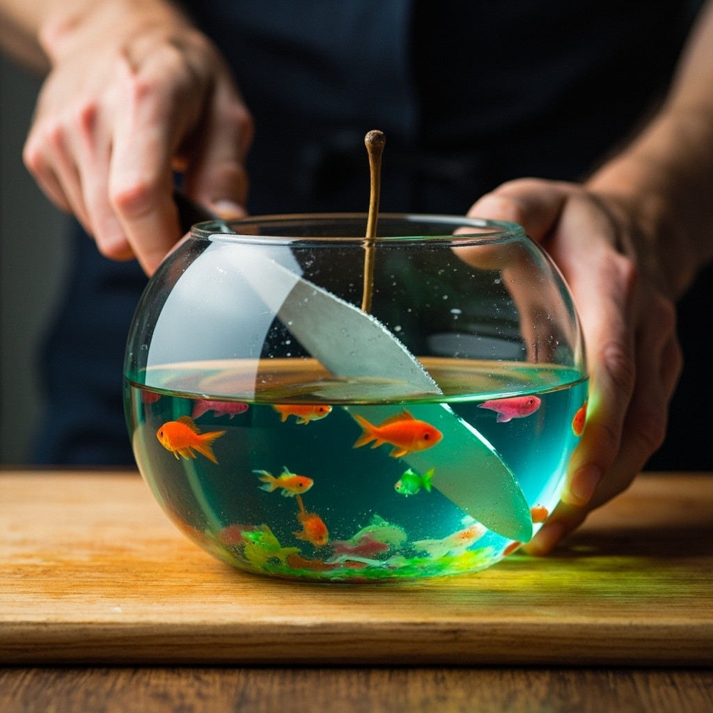 Man Cutting Transparent Glass Apple with Fish Inside