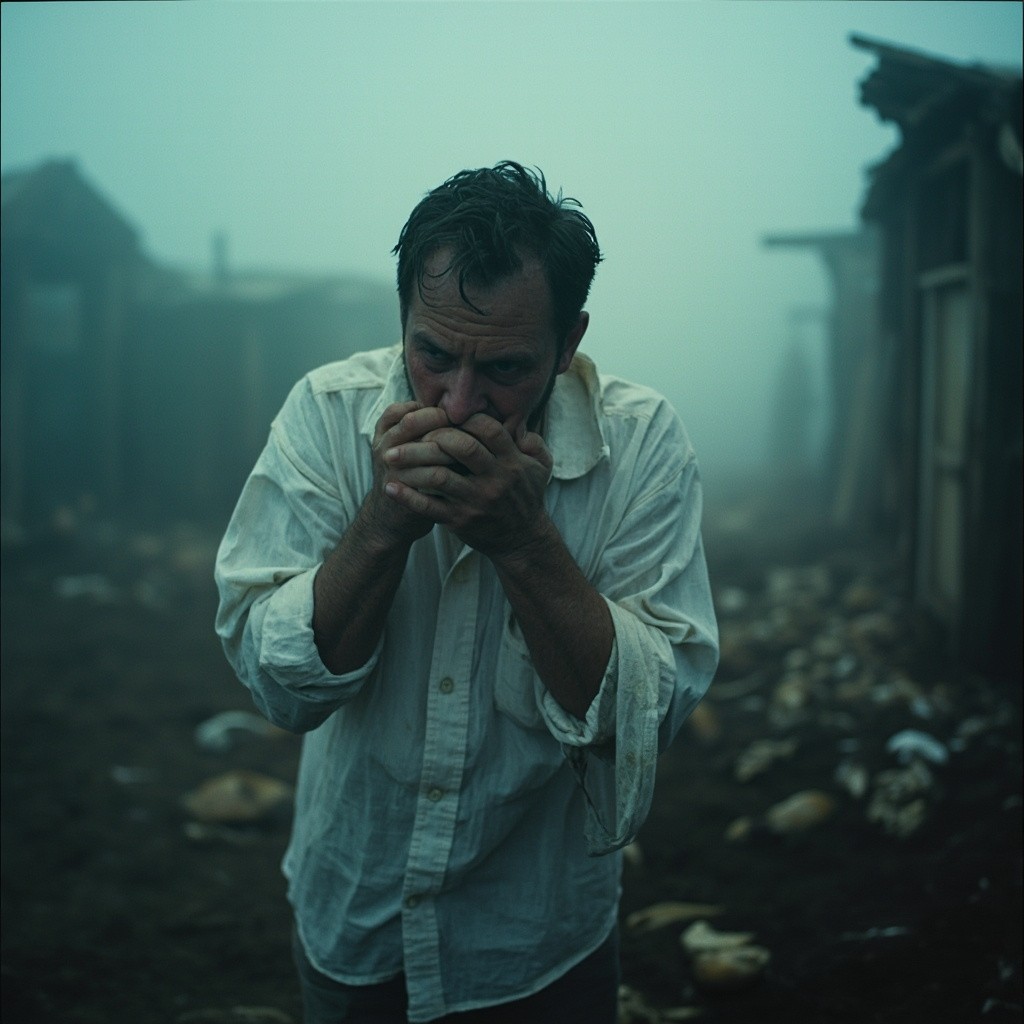 Man Discovering Devastation in Foggy, Abandoned Village