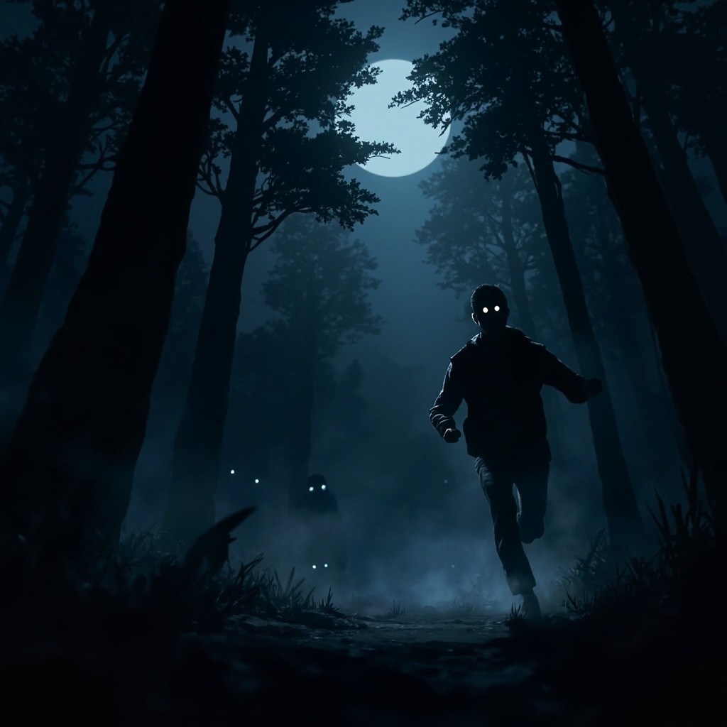 Man Fearfully Running in Moonlit Forest Animation