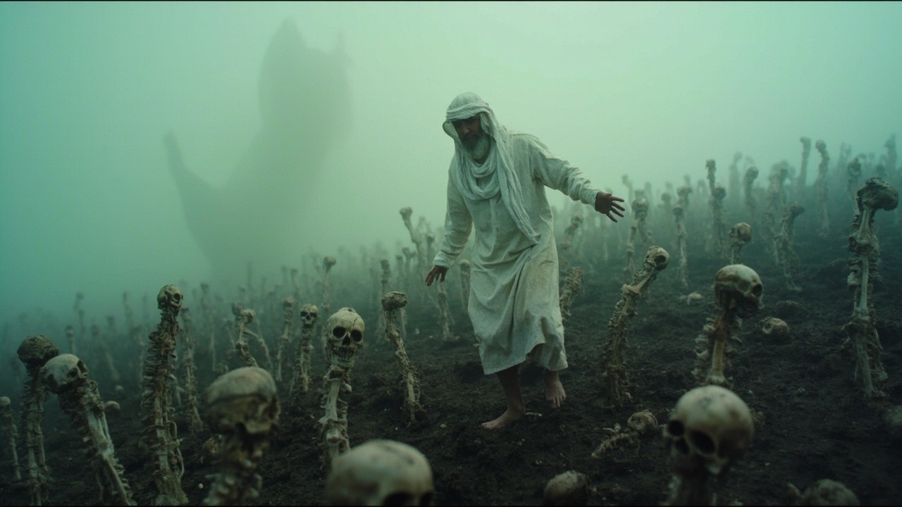 Man Judged by Reanimated Skeletons in Bone Field