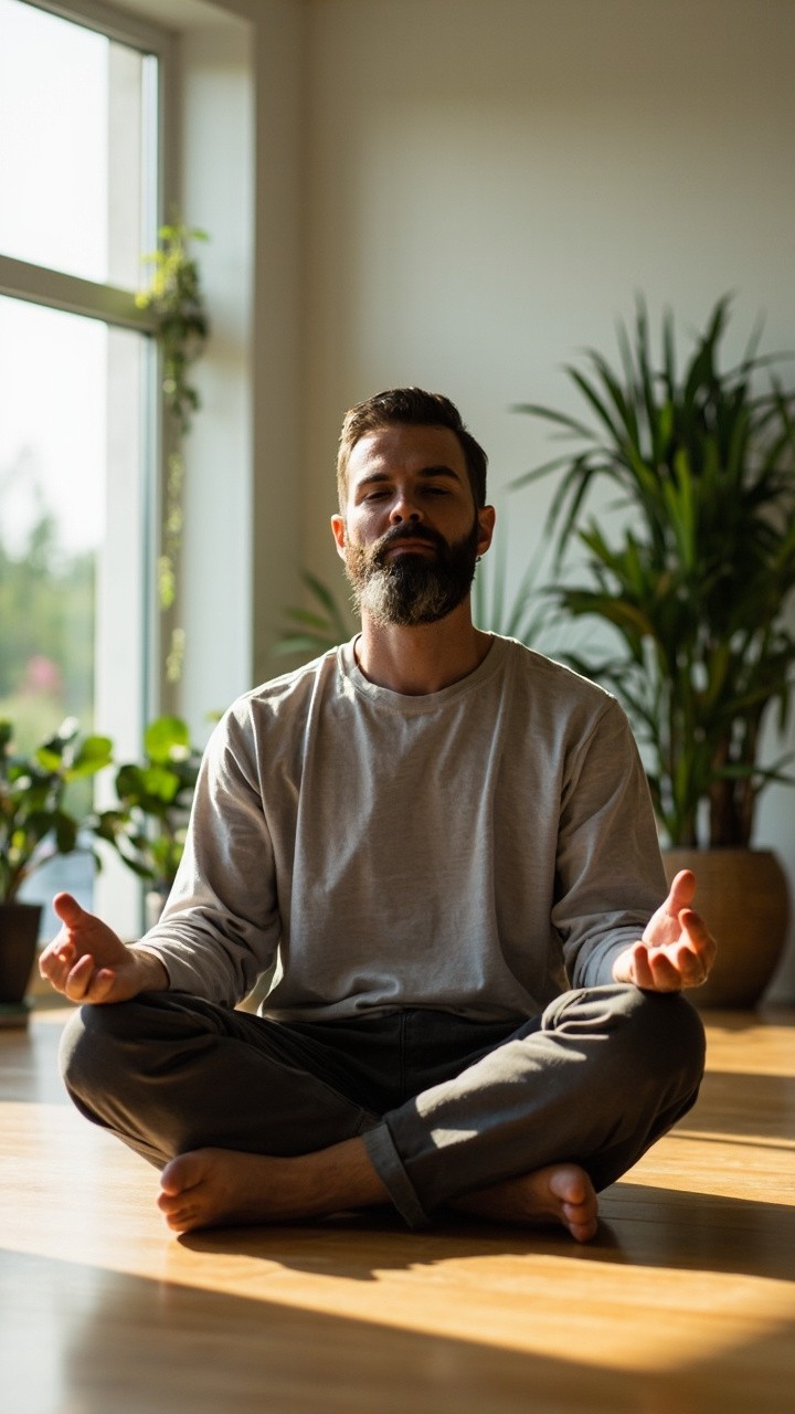 Man Meditating in Calm, Plant-Filled Room