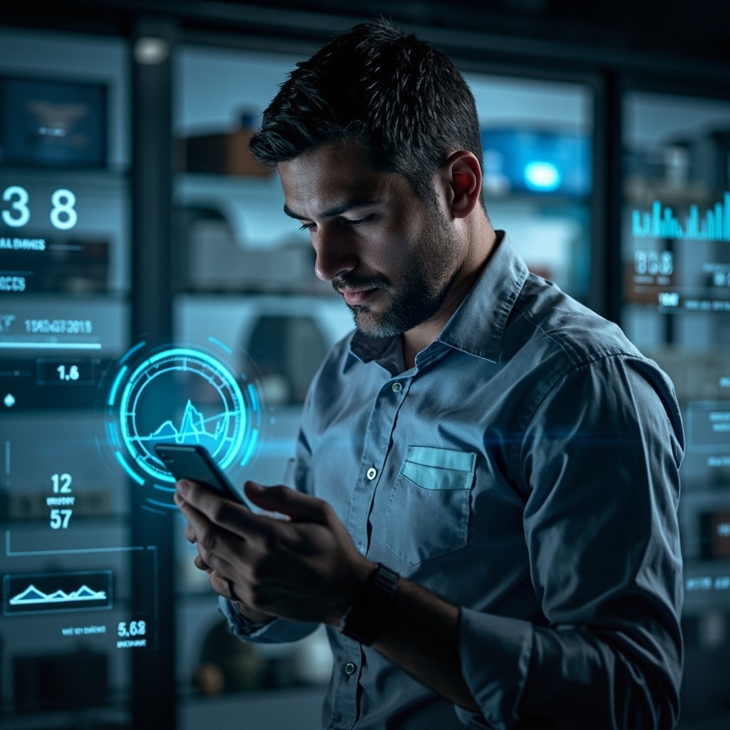 Man Monitoring Health Patch Through Mobile App