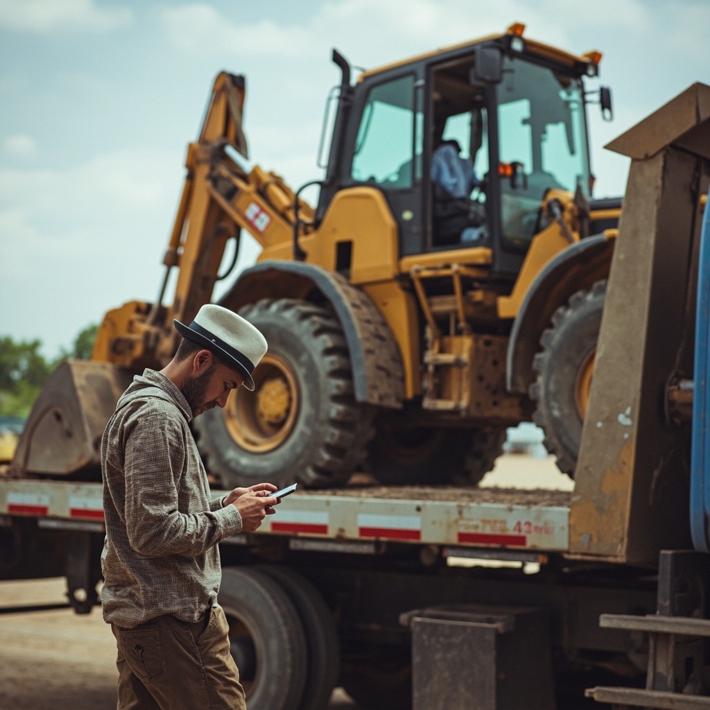 Man Observing Digger on Lorry While Using Phone