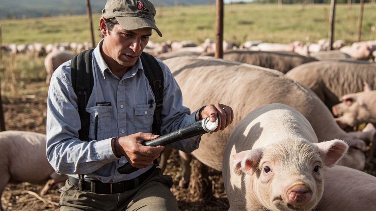 Man Recording Statistics on Pig Farm Cover