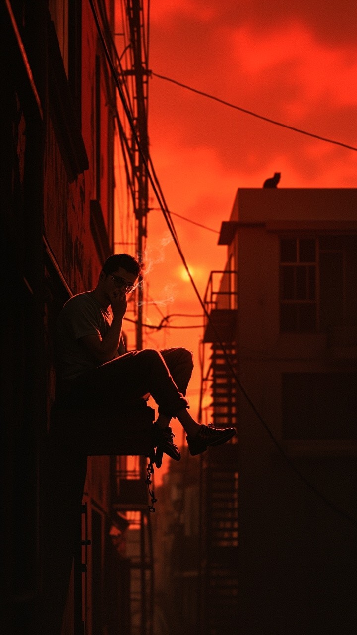 Man Reflecting in Sunset-Lit Urban Alley