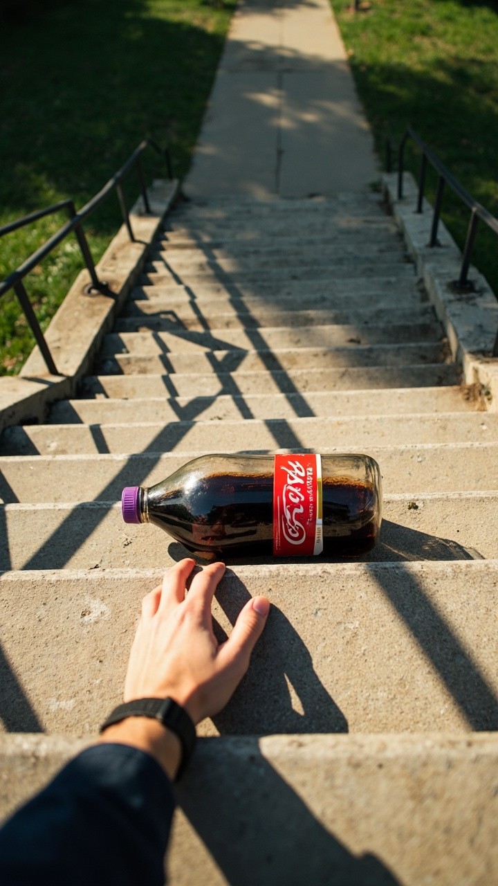 Man Touching Coca-Cola Jar on Sunny Staircase Top