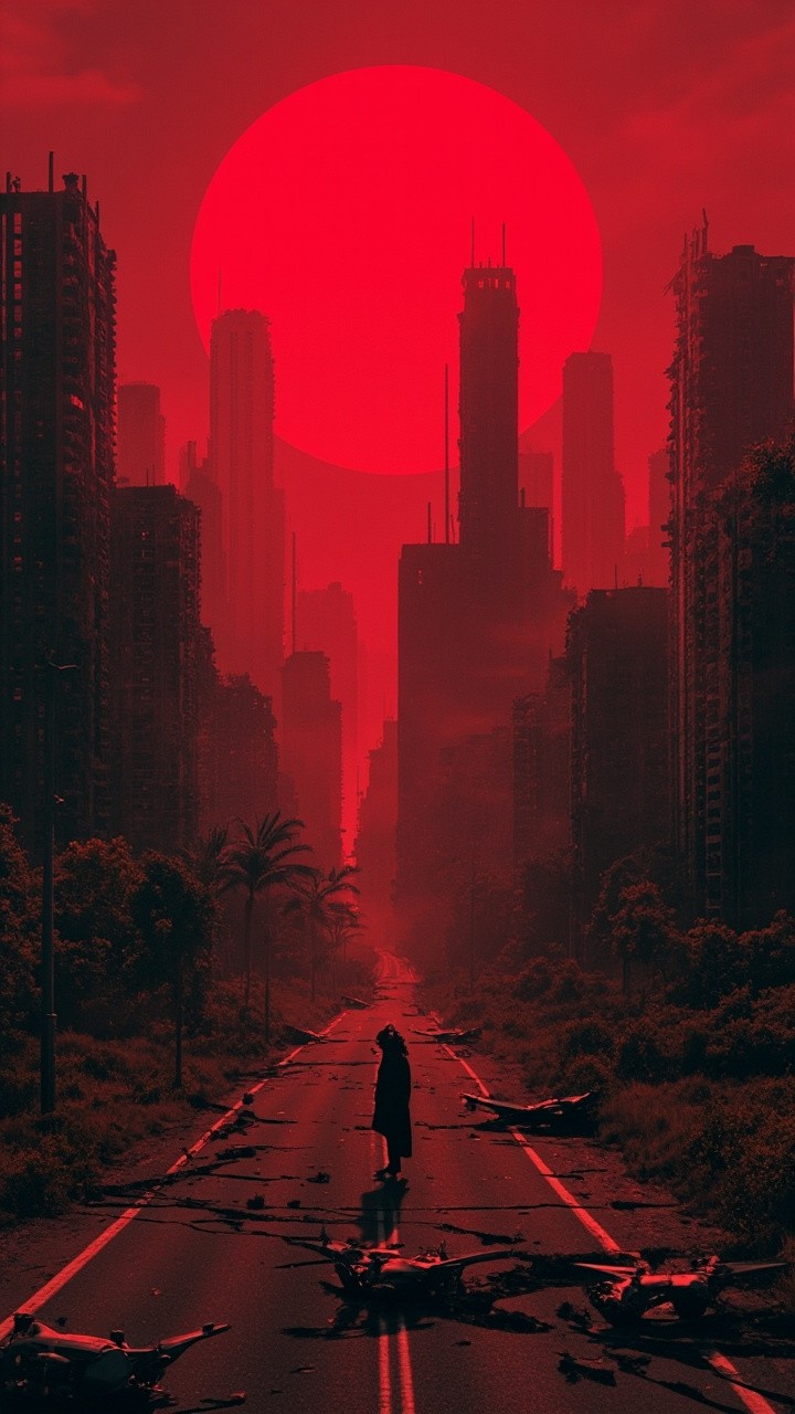 Man Walking in Abandoned, Overgrown Red Skyline