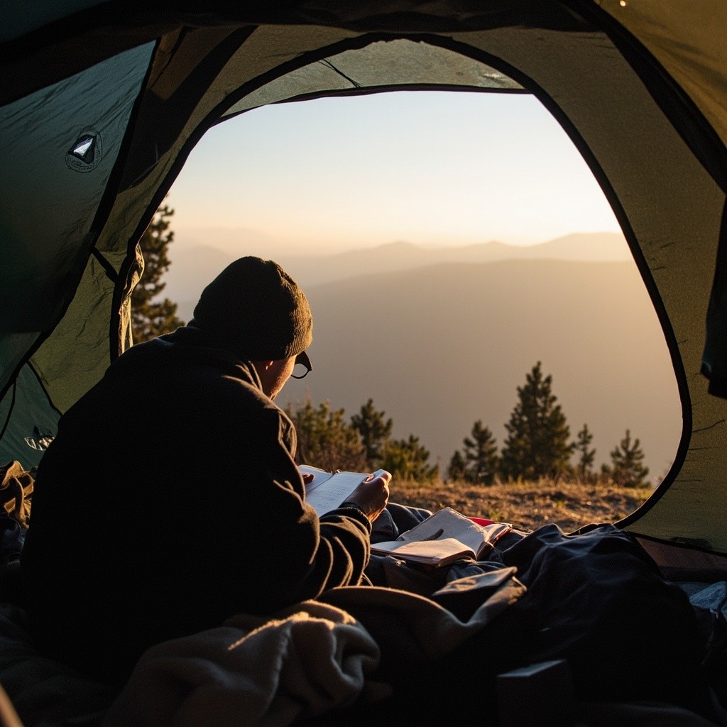 Man Writing in Tent with Mountain Morning View