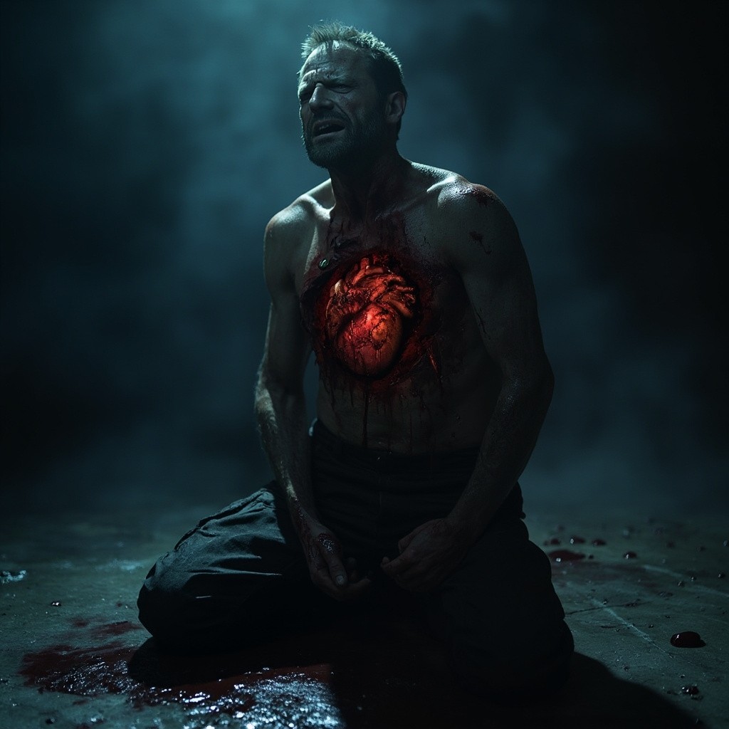 Man in Agony with Heart Emerging in Darkness