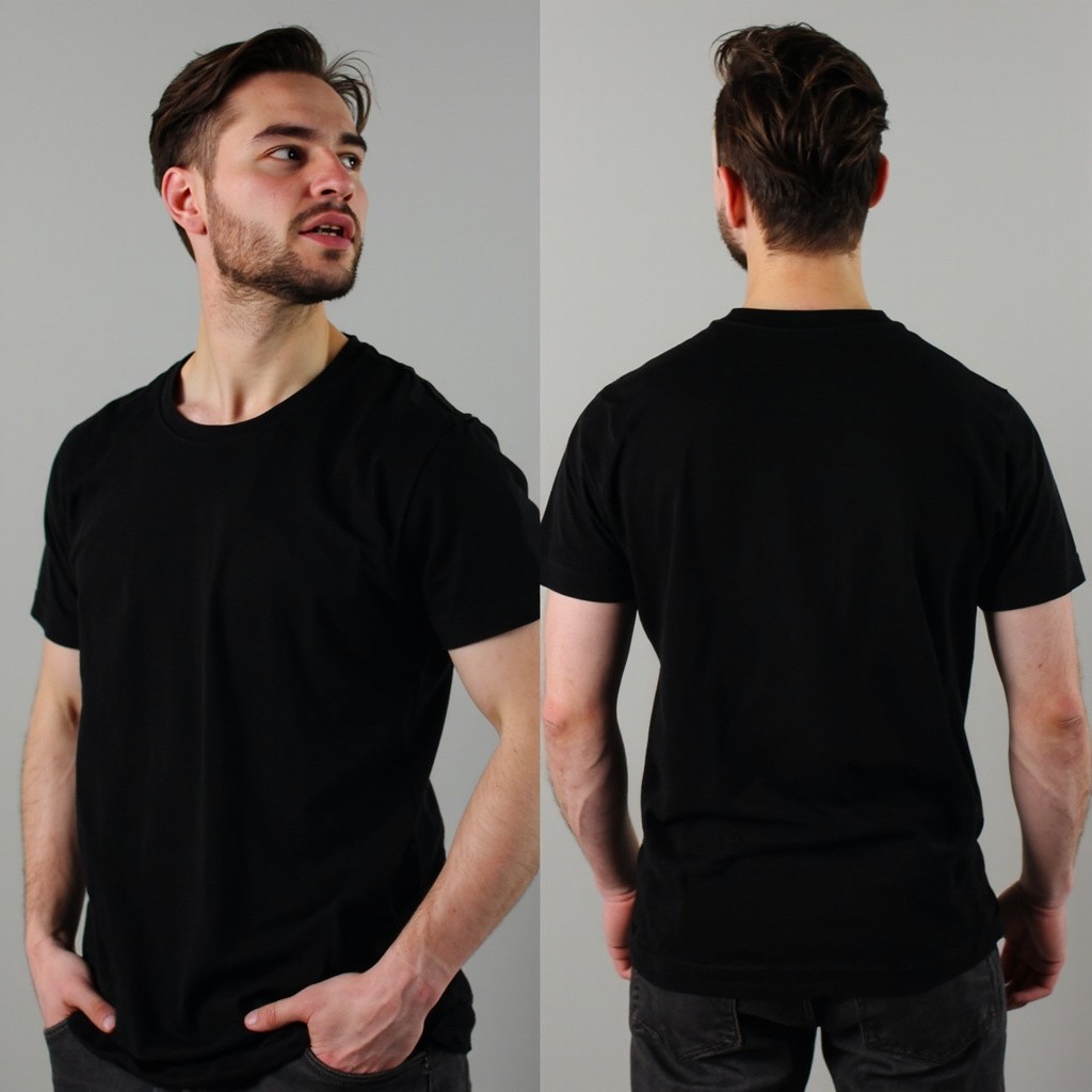 Man in Black T-Shirt Displaying Front and Back