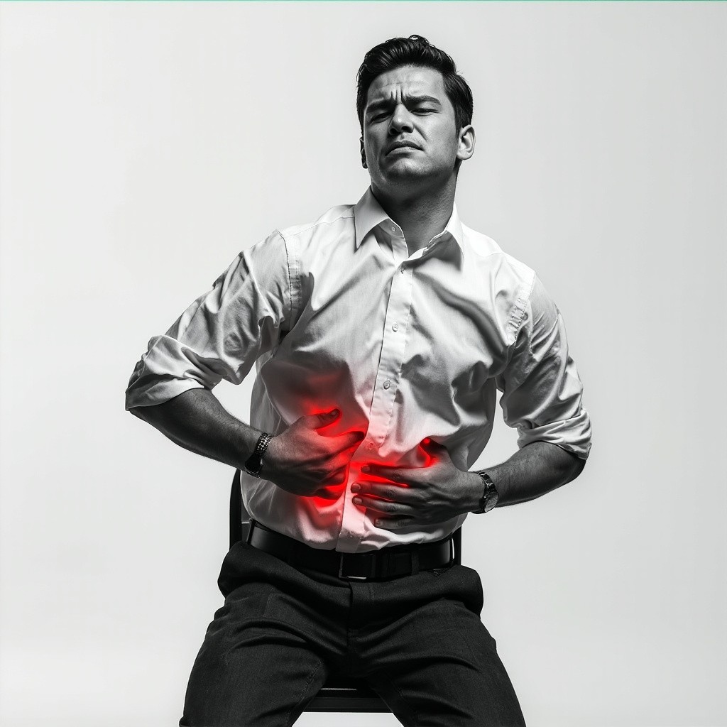 Man on Chair Grasping Lower Back in Pain