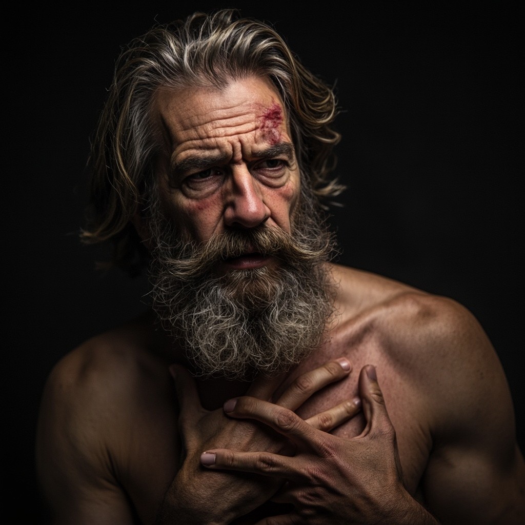 Man with Gray Beard and Long Hair Ripping Heart