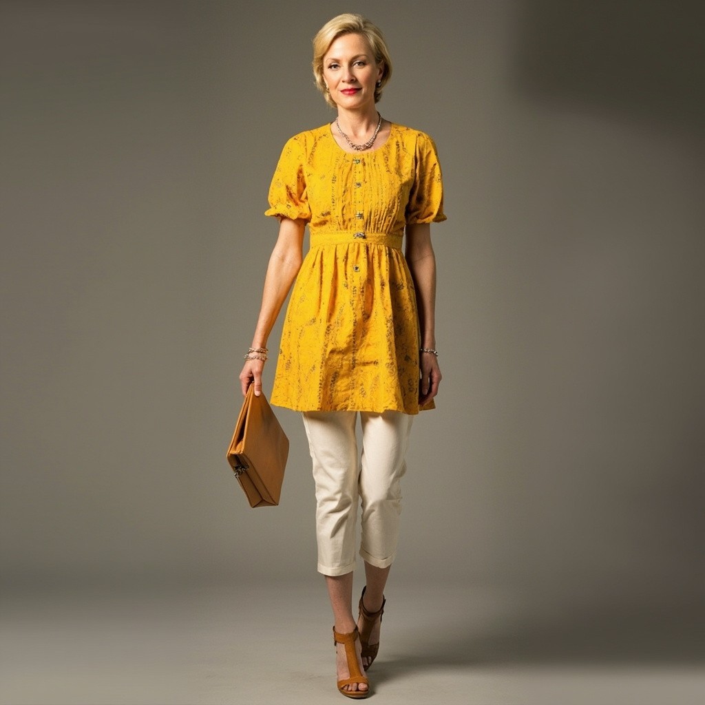 Mature Blonde Lady in Mustard Yellow Dress Outfit