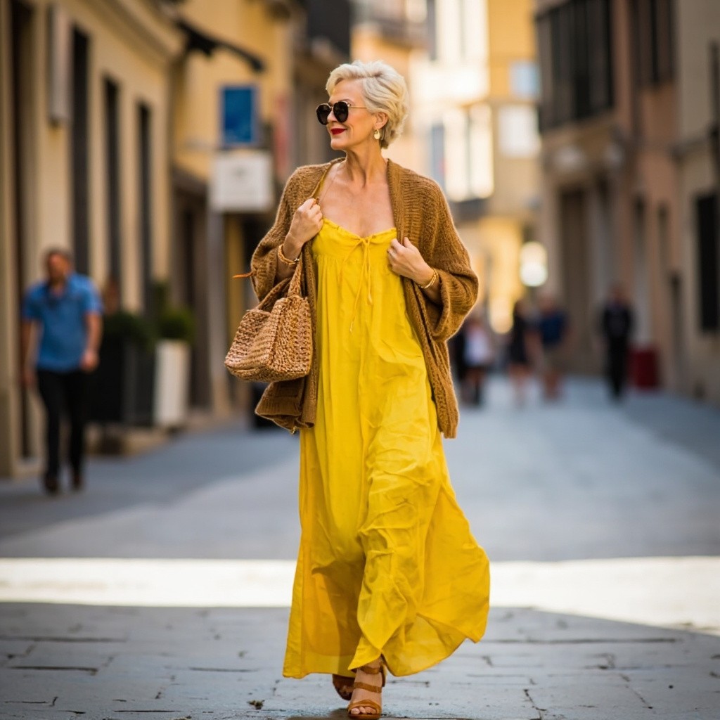 Mature Blonde Lady in Yellow Dress in Europe