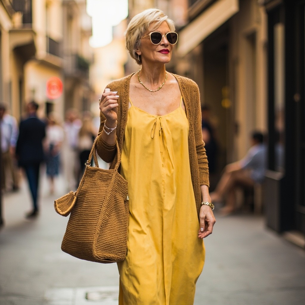 Mature Blonde Woman in Yellow Dress in Europe