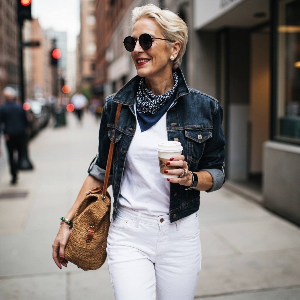 Mature Influencer Strolling City with Coffee